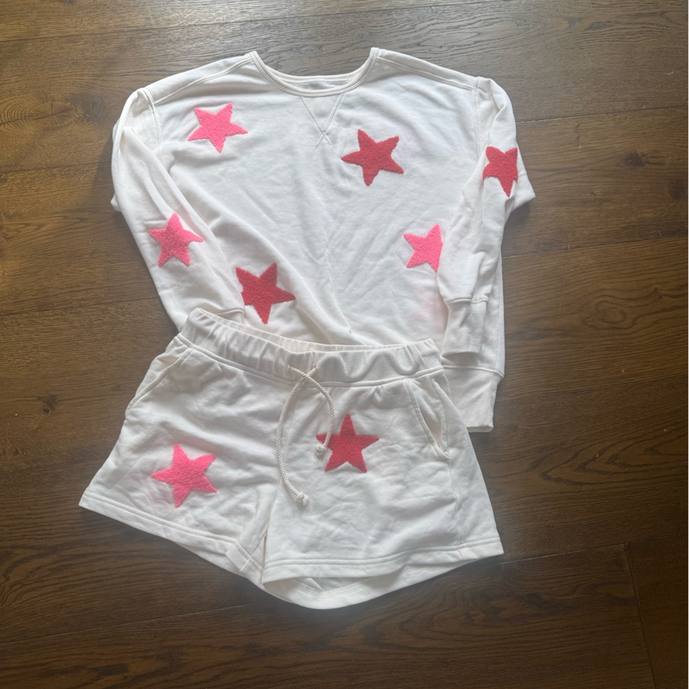 LOFT White and Pink Star Shorts Set